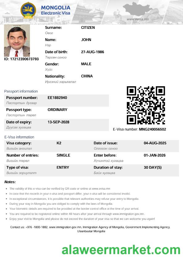 Mongolia electronic visa template in Word and PDF formats